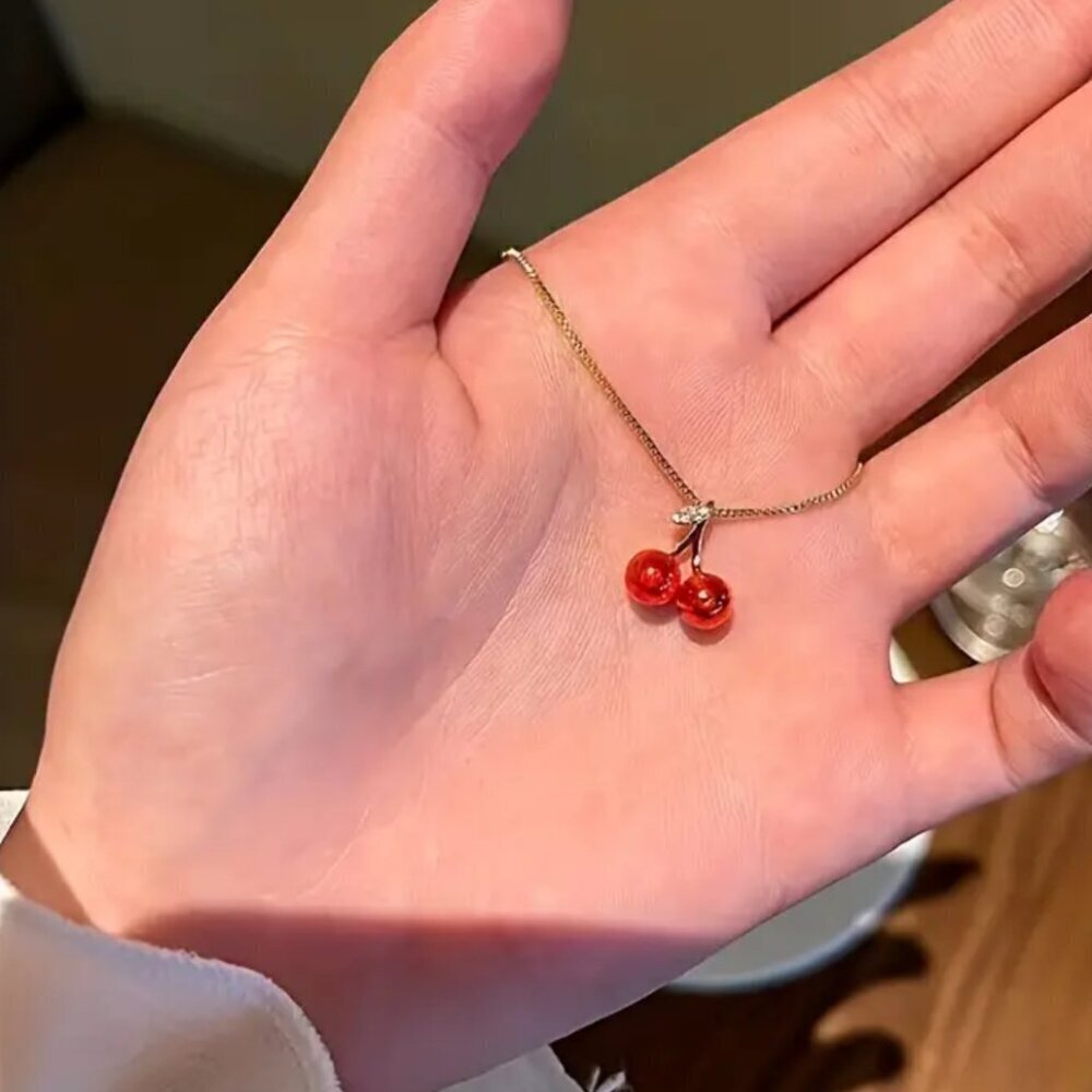 NEW red cherries gold necklace, cherry aesthetic cherry jewelry Stocking Stuffer